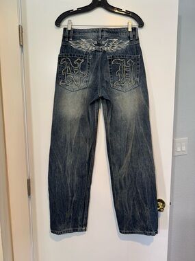 Idle Minds "Nenohthals" Baggy Embroidered Jeans - Size 0 - Cyber Y2K
